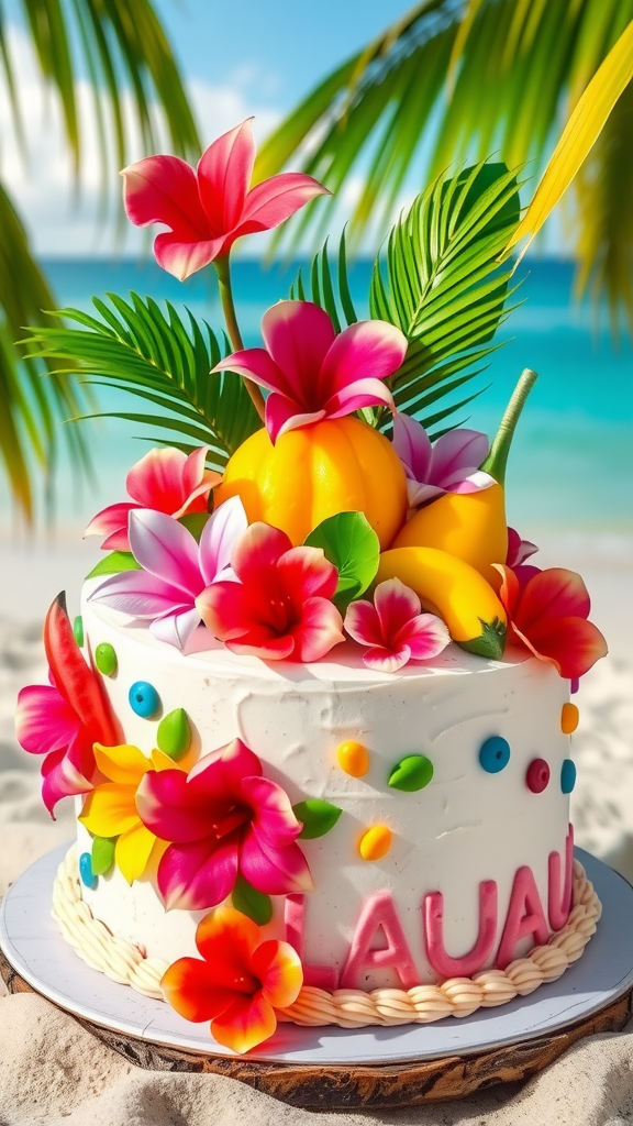 A tropical luau cake decorated with colorful flowers and fruits on a beach.