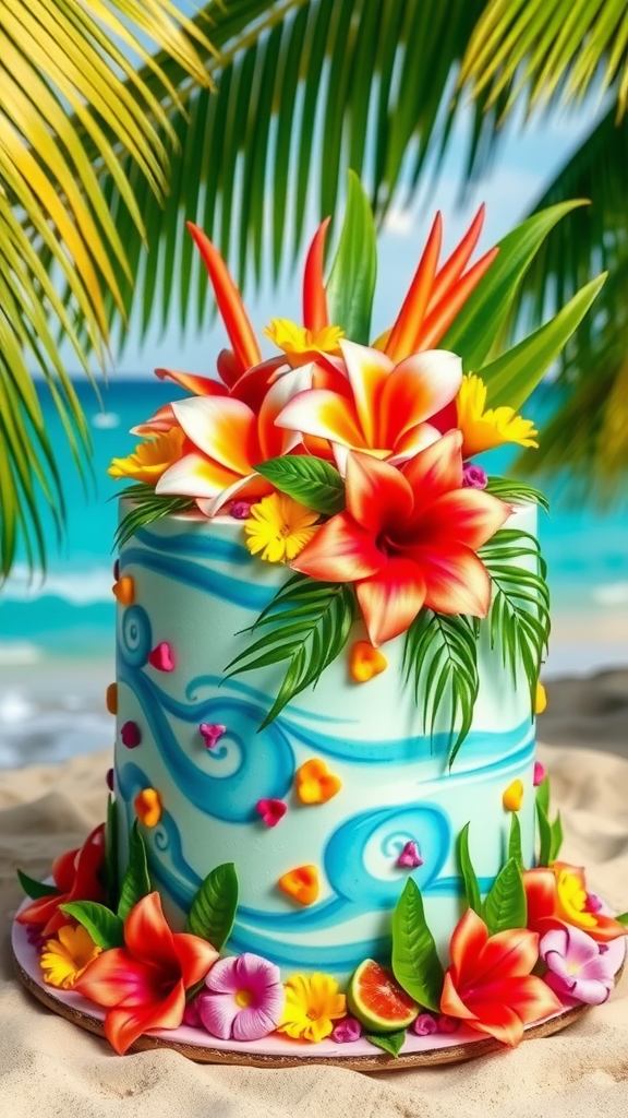 A beautifully decorated luau cake surrounded by tropical flowers and leaves