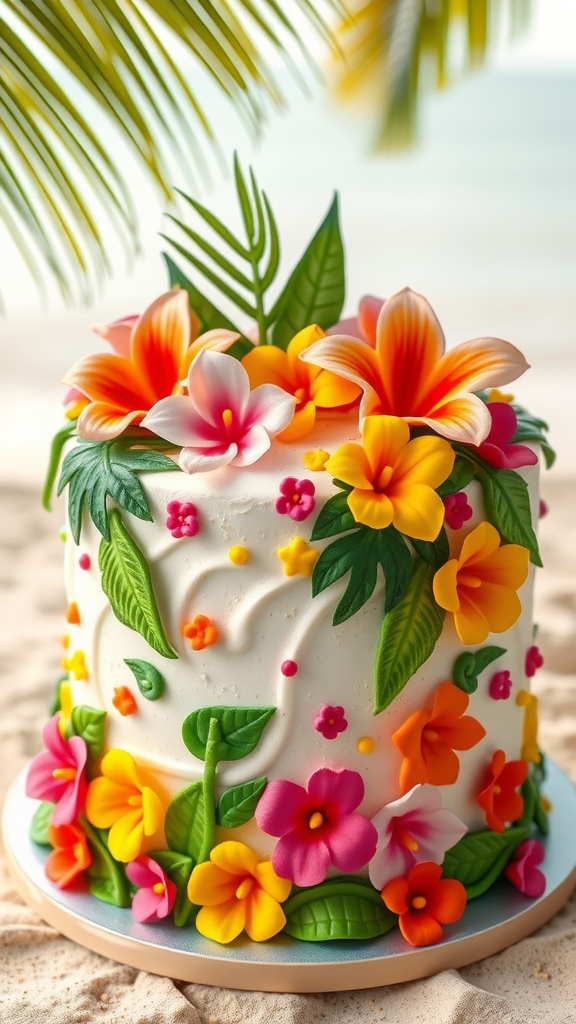 A beautifully decorated luau-themed cake with colorful flowers and leaves.