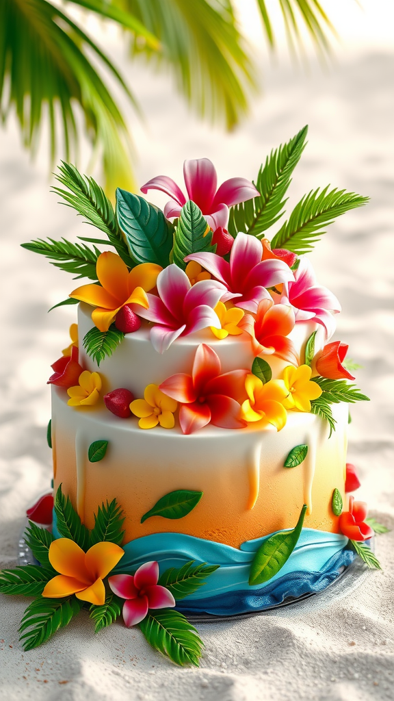A colorful luau-themed cake decorated with tropical flowers and leaves on a sandy surface.