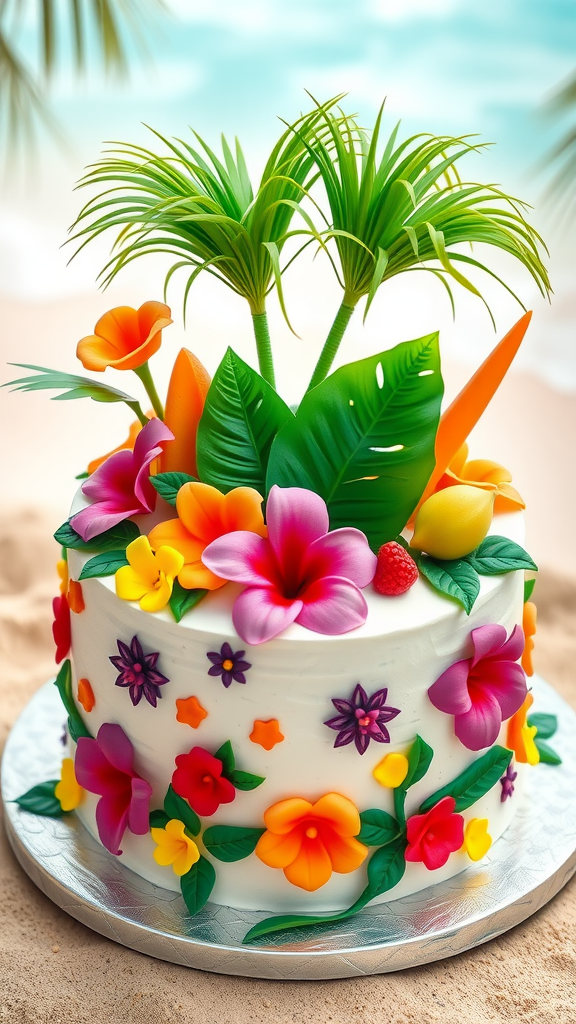 A colorful graduation cake decorated with tropical flowers and leaves, set against a beach background.