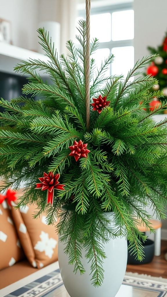 A lush arrangement of green pine branches in a white vase, decorated with red bows, set in a cozy room.