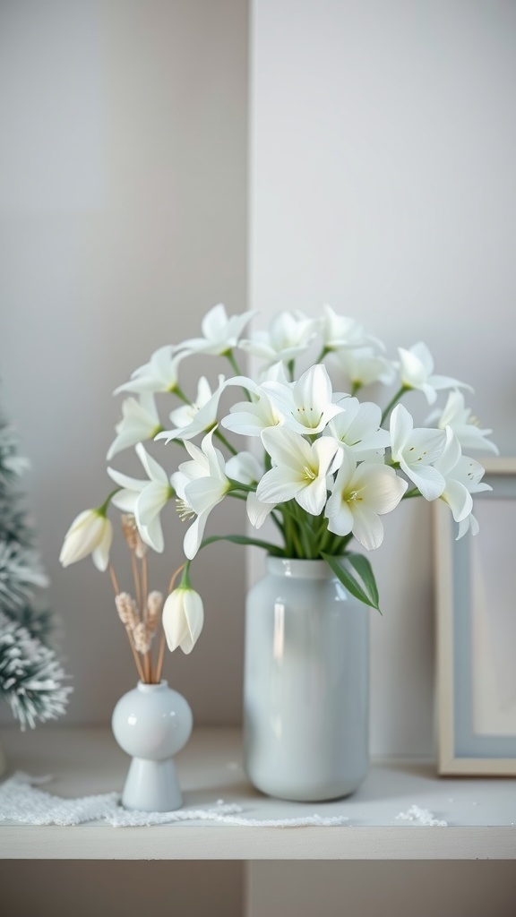 A minimalist floral display featuring white lilies in a simple vase, complemented by delicate twigs in a smaller vase.