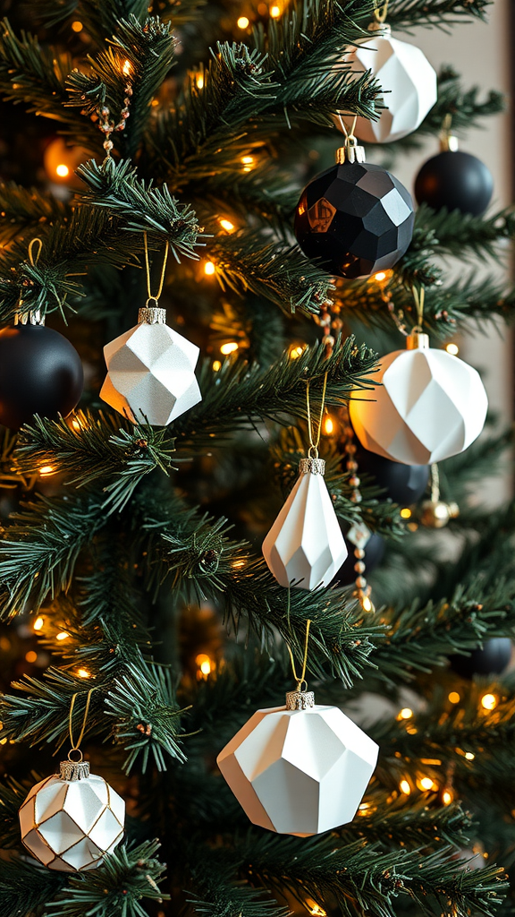 A Christmas tree decorated with black and white geometric ornaments and warm lights.