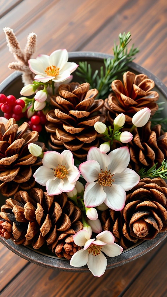 A bowl filled with pinecones, white flowers, and greenery on a wooden table.