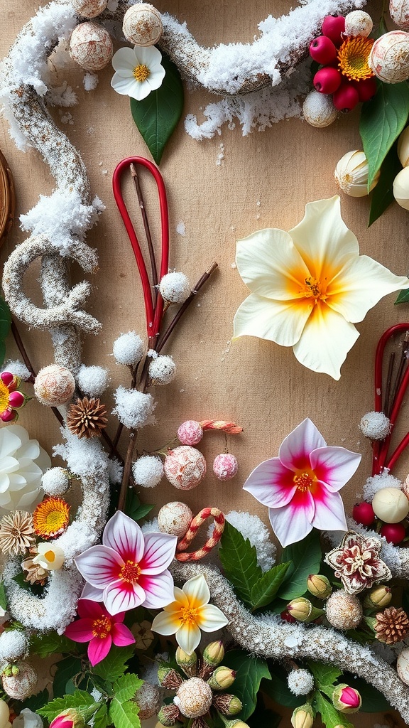 A beautiful arrangement of winter flowers and natural elements with faux snow.
