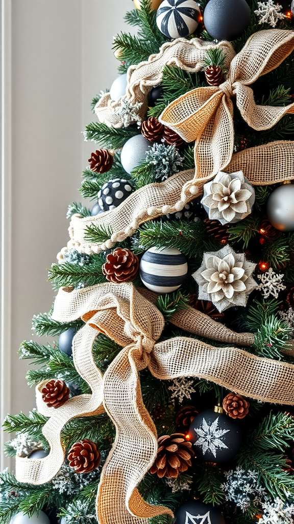 A beautifully decorated Christmas tree with black and white ornaments and burlap ribbon.