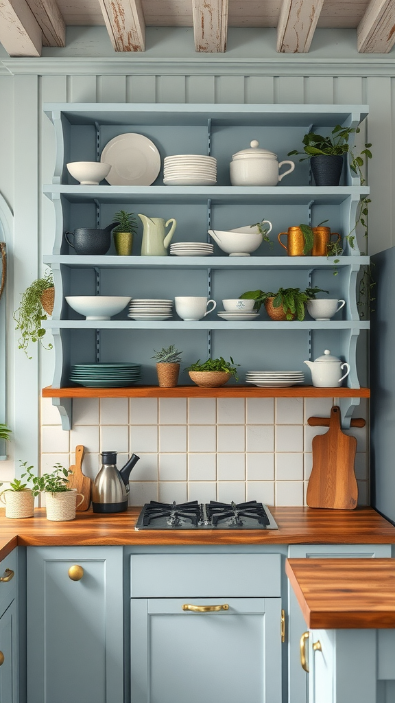 A cozy light blue kitchen featuring open shelving filled with plates, mugs, and plants.