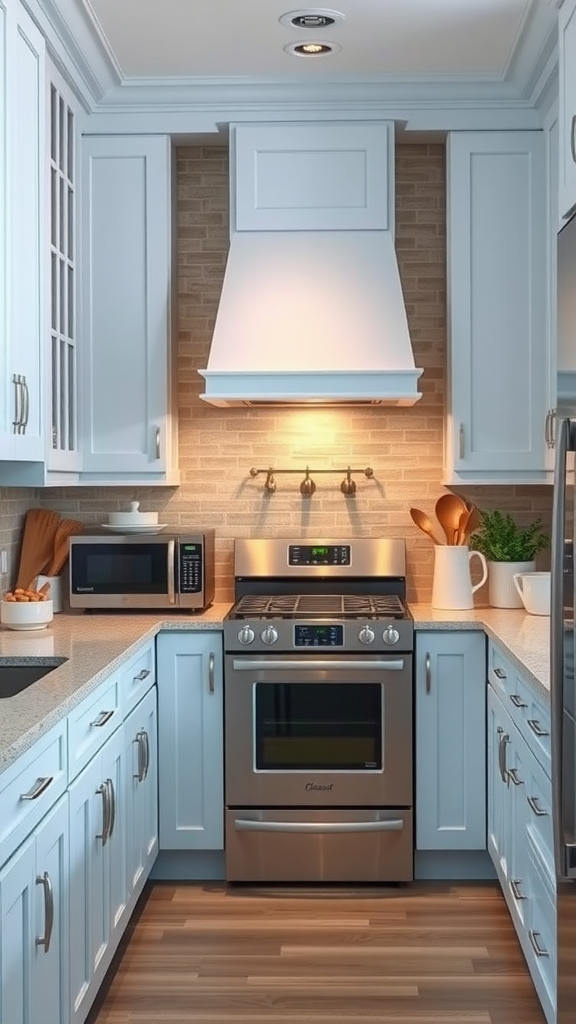 A modern kitchen featuring light blue cabinets and stainless steel appliances.
