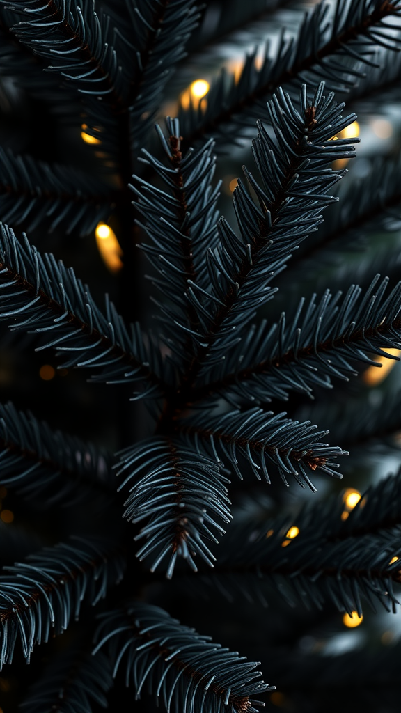 Close-up of black branches of a Christmas tree with soft glowing lights