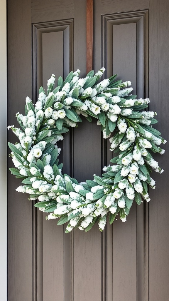 A snowy eucalyptus wreath adorned with white flowers hanging on a dark door.