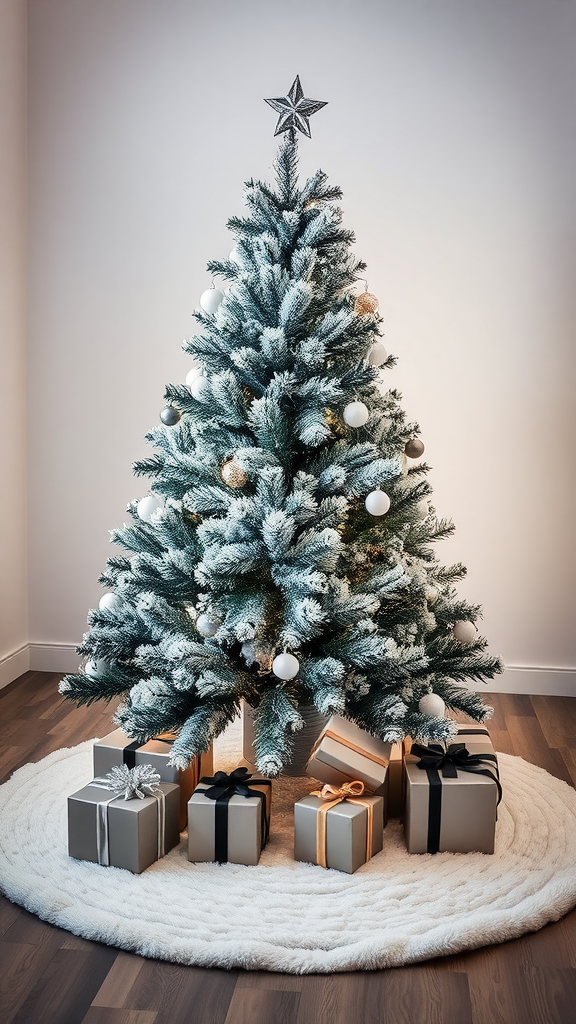 A snowy white tree skirt beneath a decorated Christmas tree with gifts.