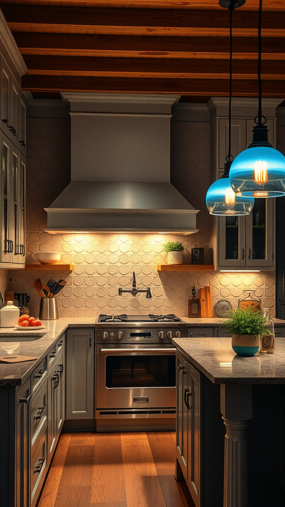A modern kitchen featuring elegant light blue lighting fixtures