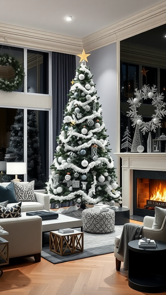 A stylish living room featuring a decorated black and white Christmas tree, cozy seating, and a cozy fireplace.
