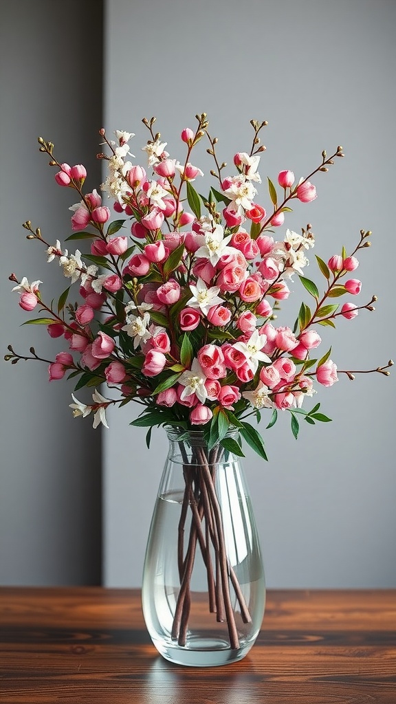 A beautiful arrangement of pink and white flowers in a clear vase, featuring Nandina Domestica.