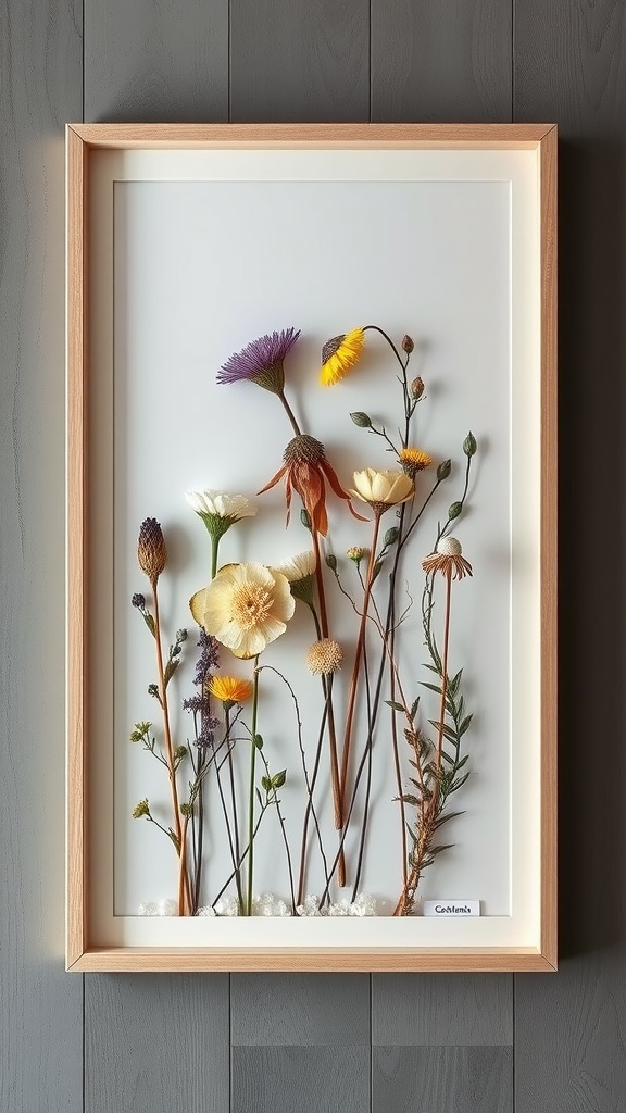 Framed wall art featuring a variety of dried winter flowers arranged artistically.