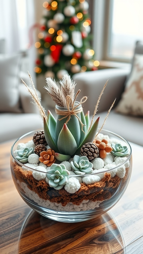 A stylish succulent terrarium with various plants and decorative stones, set against a backdrop of a Christmas tree.