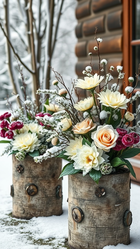 Two textured birch bark planters filled with winter flowers, including roses and lilies, against a snowy backdrop.
