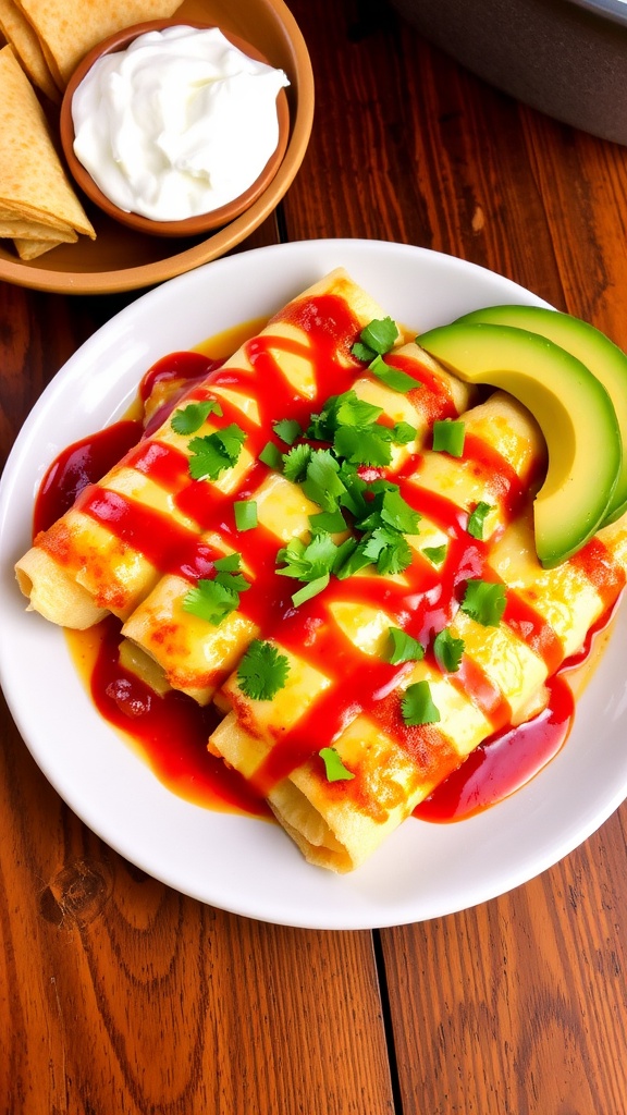 A plate of Beef Enchiladas with cheese and cilantro, served with sour cream and avocado.