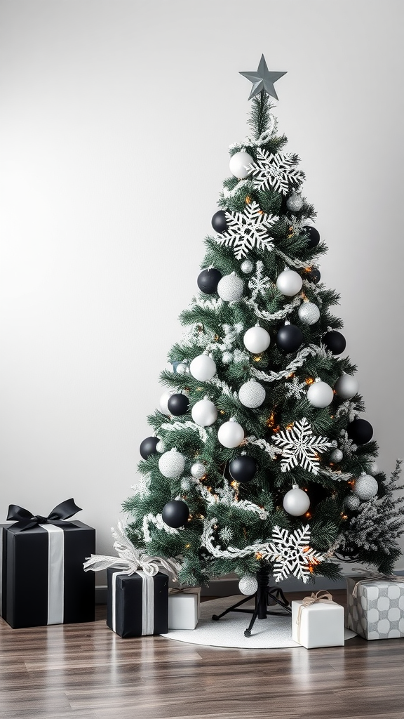Elegant black and white Christmas tree with snowflakes and gifts