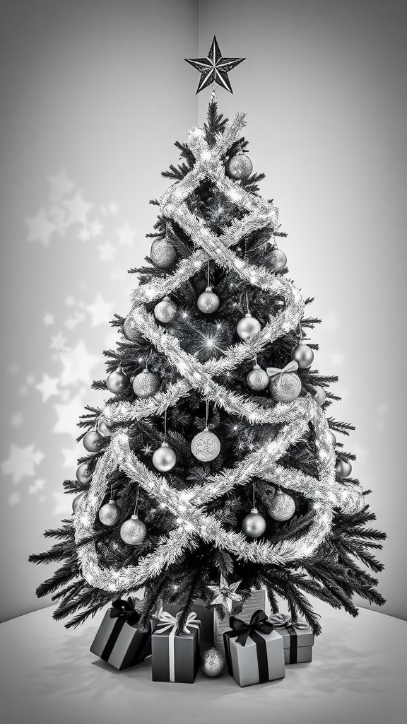 Black and white Christmas tree decorated with ornaments and tinsel, surrounded by wrapped gifts.
