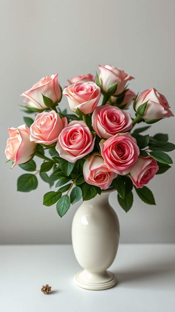 A bouquet of soft pink roses in a creamy vase, suitable for winter home decor.