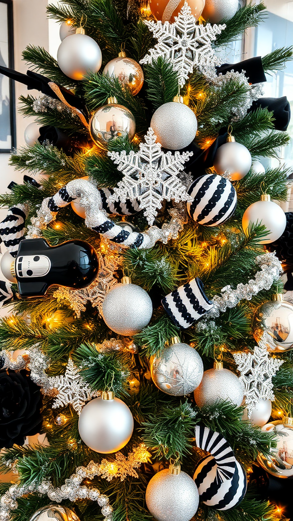 A beautifully decorated Christmas tree with silver and black ornaments, featuring snowflakes and twinkling lights.