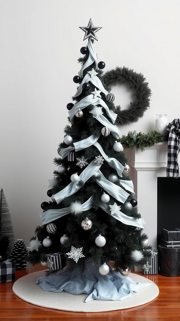 Black and white themed Christmas tree with elegant decorations