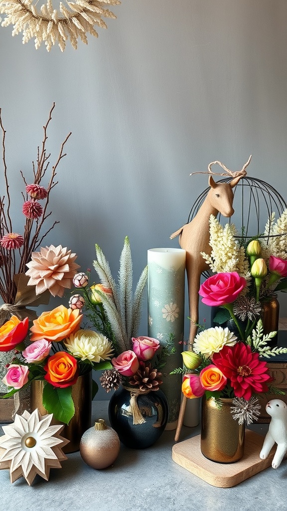 A collection of winter flowers in decorative vases with a serene backdrop.
