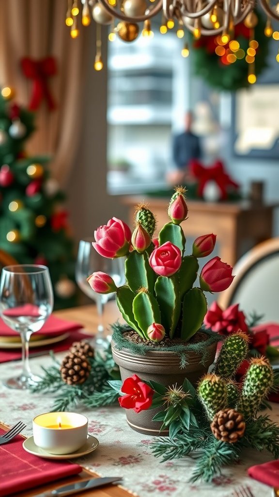 A vibrant Christmas cactus centerpiece on a dining table, adorned with pinecones and festive greens, creating a cozy winter decor atmosphere.