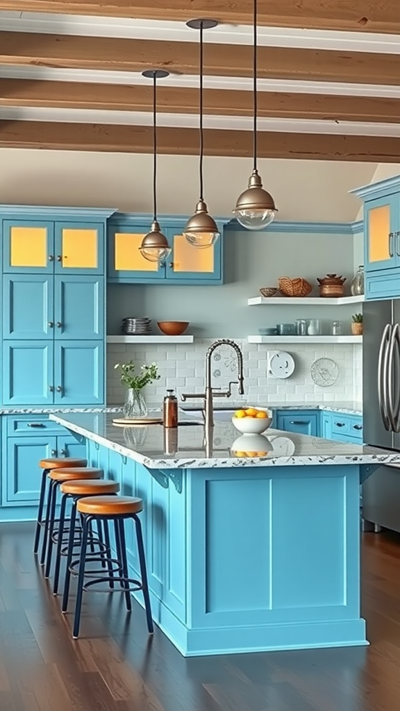 A modern kitchen featuring a vibrant light blue island with wooden stools and stylish lighting.