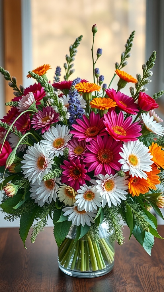 A vibrant bouquet of winter flowers with pink, orange, and white blooms in a clear vase.
