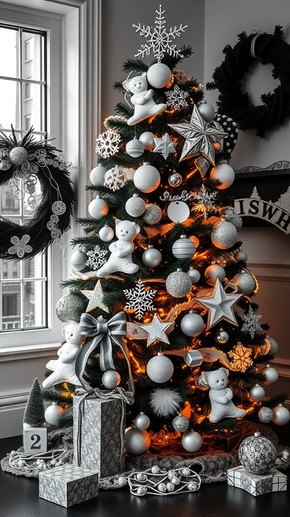 A vintage black and white styled Christmas tree with elegant decorations, including teddy bears, stars, and snowflakes, set against a window.