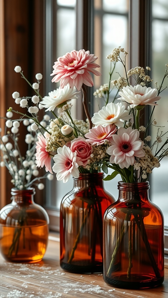 Amber glass vases filled with winter flowers on a wooden table by a window.
