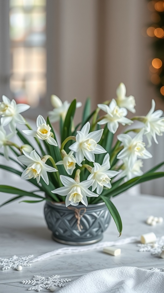 A cluster of Paperwhite Narcissus flowers in a gray pot on a marble table, surrounded by winter-themed decorations.