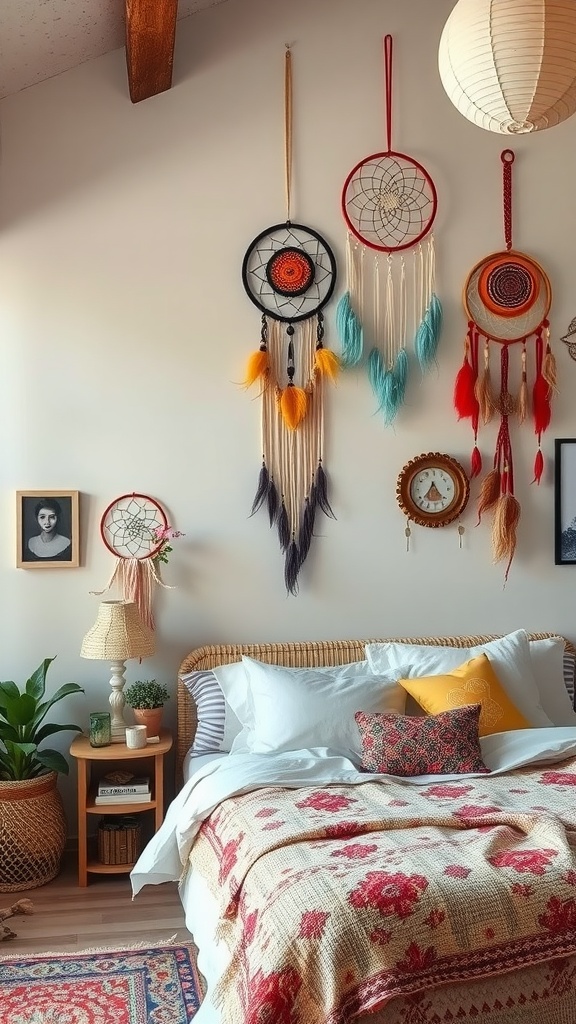 A cozy bohemian bedroom featuring colorful dreamcatchers on the wall, a neatly made bed with patterned blankets and pillows, and plants adding a natural touch.