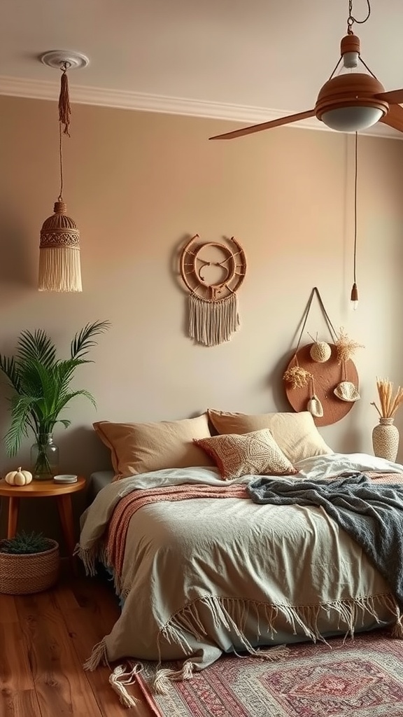 Cozy boho bedroom with earthy color palette and natural decorations