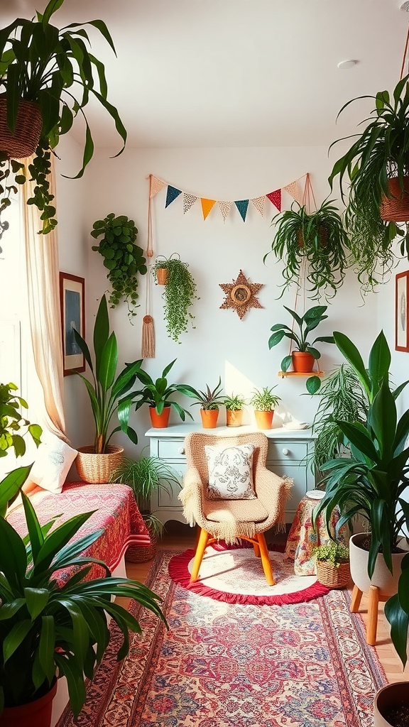 A boho bedroom decorated with various indoor plants, colorful bunting, and a cozy chair.