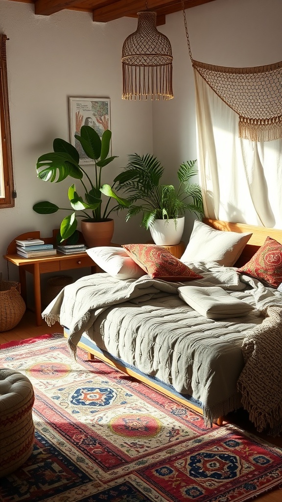 A boho bedroom featuring layered textiles, including a quilted bedspread and patterned pillows, with a colorful rug and indoor plants.