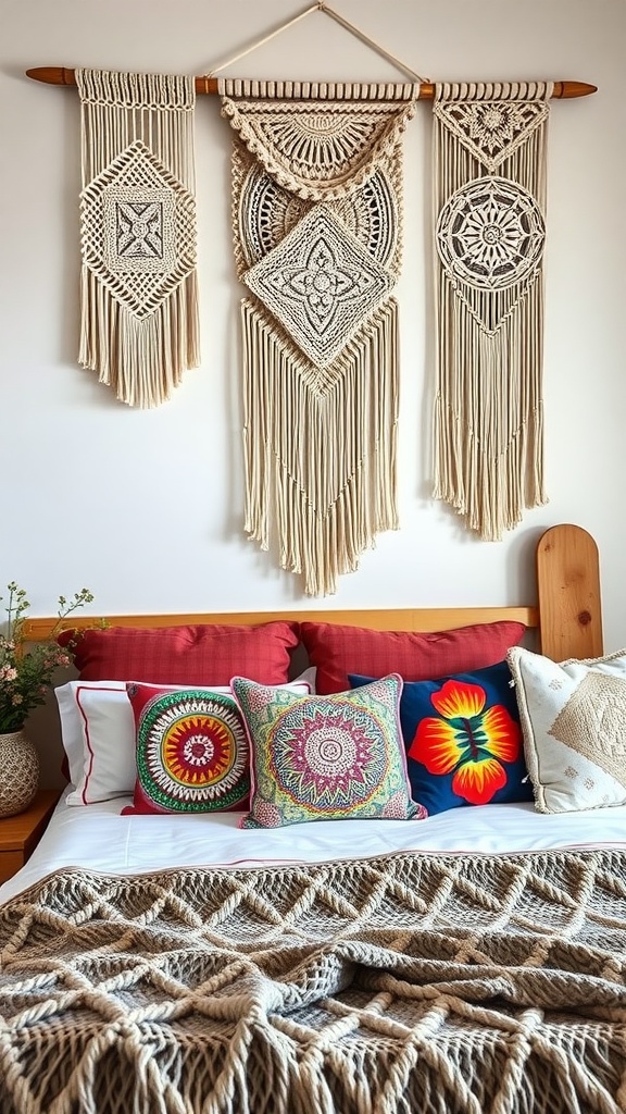 Three macrame wall hangings above a bed with colorful pillows and a knitted throw.