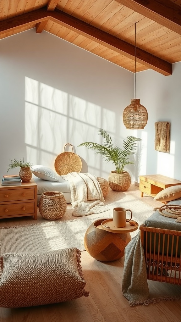 A boho bedroom featuring natural wood accents, including wooden beams, furniture, and woven baskets, surrounded by plants.