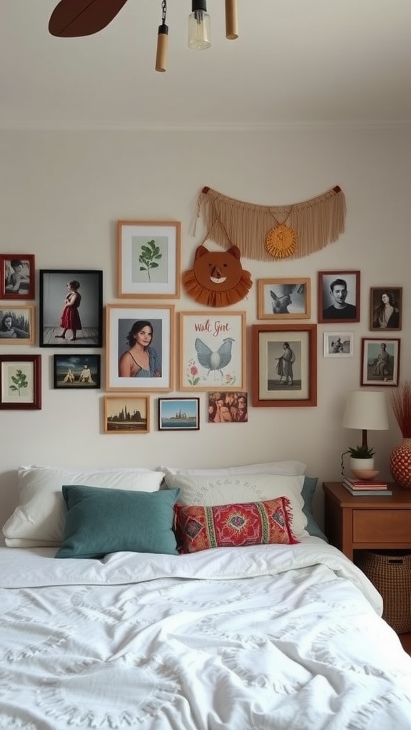 A cozy boho bedroom featuring a gallery wall filled with personalized art and photographs.