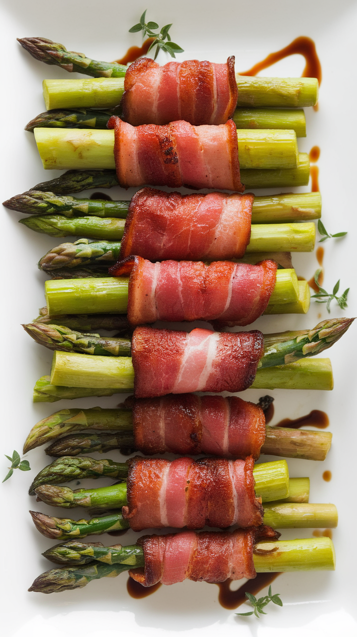 Savory Air Fryer Bacon Wrapped Asparagus Recipe Crispy bacon-wrapped asparagus on a plate, garnished with herbs and drizzled with balsamic glaze.