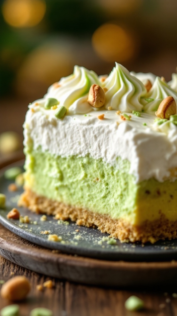A slice of pistachio lush dessert on a plate.