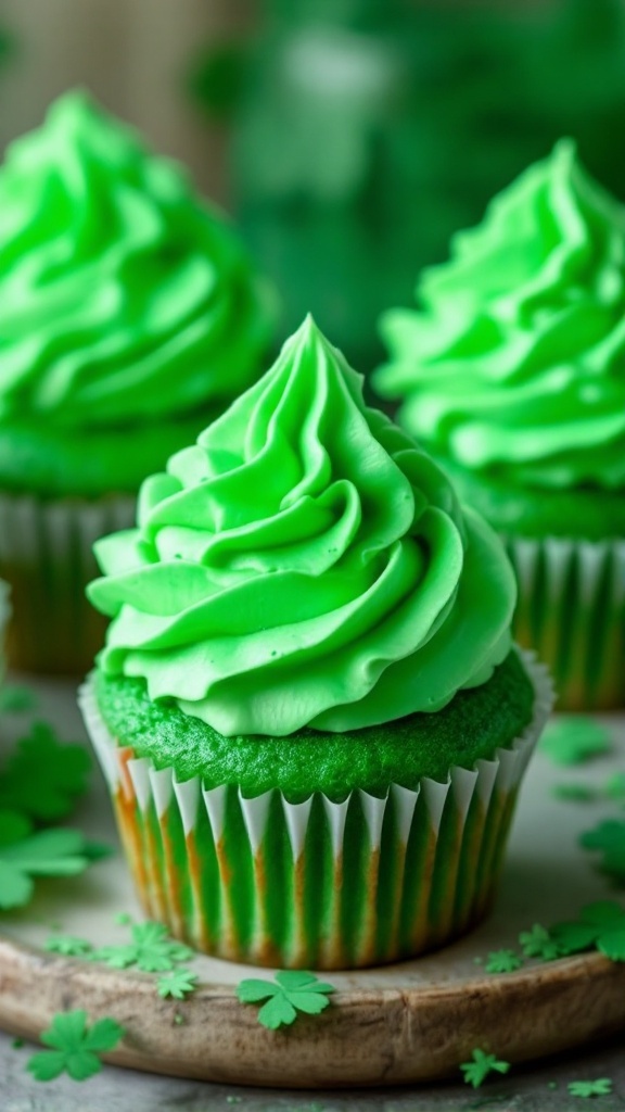 Green velvet cupcakes with green frosting and shamrock decorations