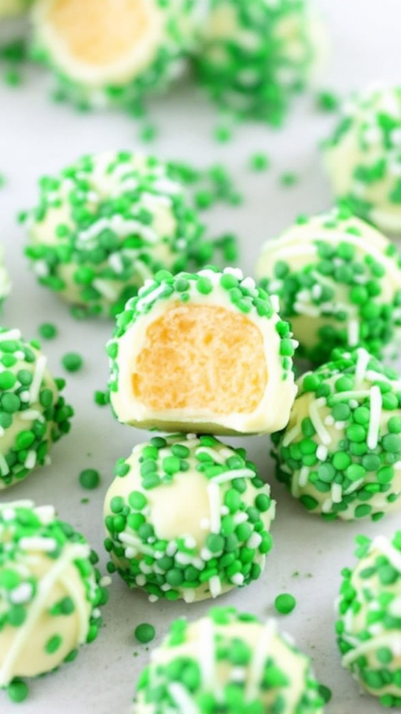 A close-up of colorful Leprechaun Bites decorated with green sprinkles.