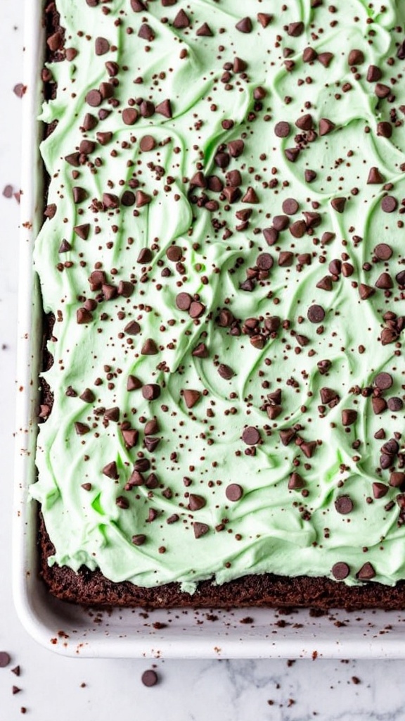 Mint Chocolate Chip Sheet Cake with green frosting and chocolate chips