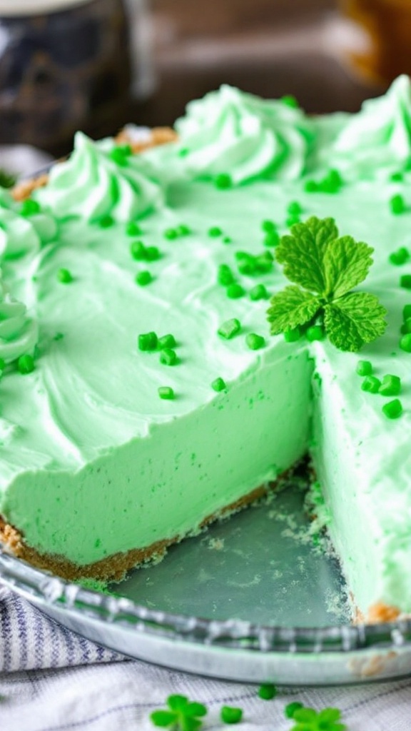 No Bake Shamrock Freezer Pie with a slice taken out