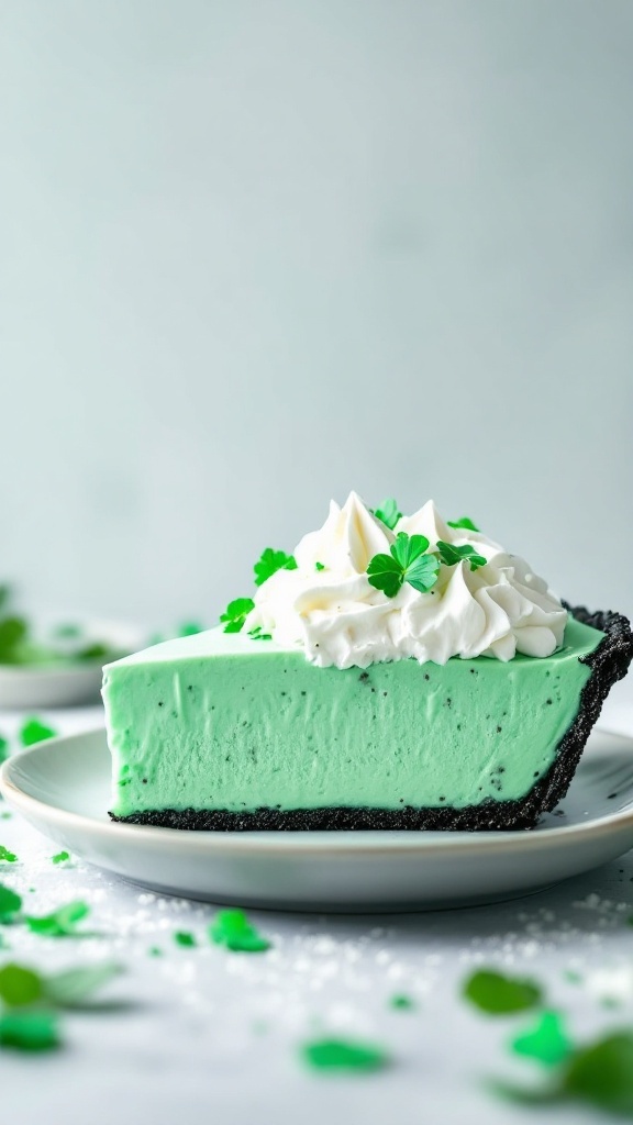 Slice of Shamrock Shake Pie with whipped cream and shamrock decorations on a plate.