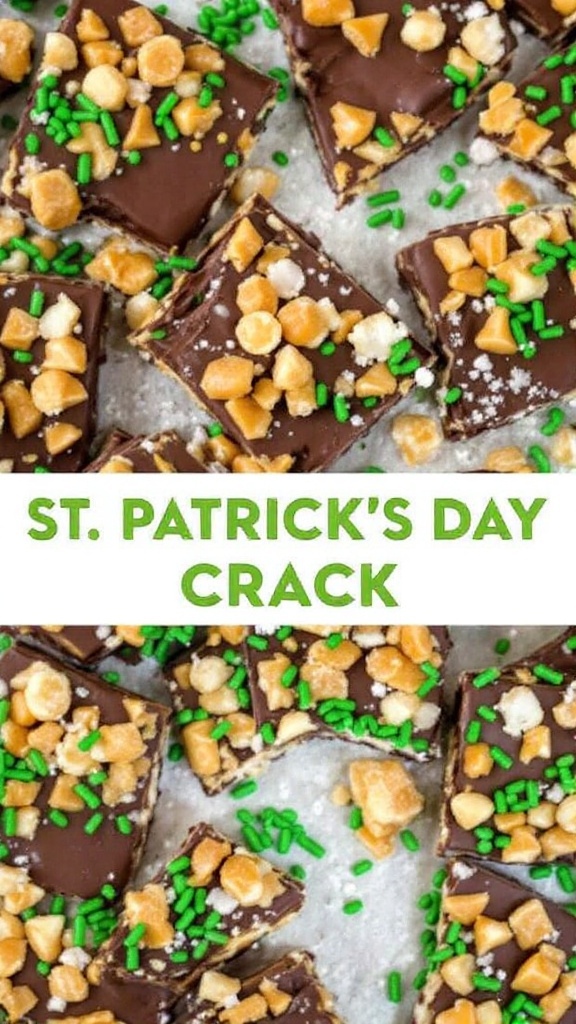 Delicious St. Patrick's Day Crack dessert with chocolate, butterscotch, and green sprinkles.